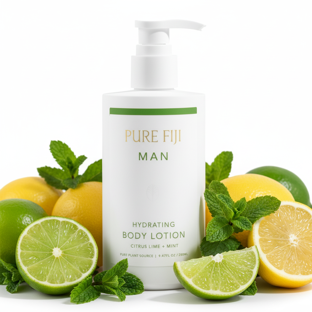 Pure Fiji Man hydrating body lotion bottle on a white background