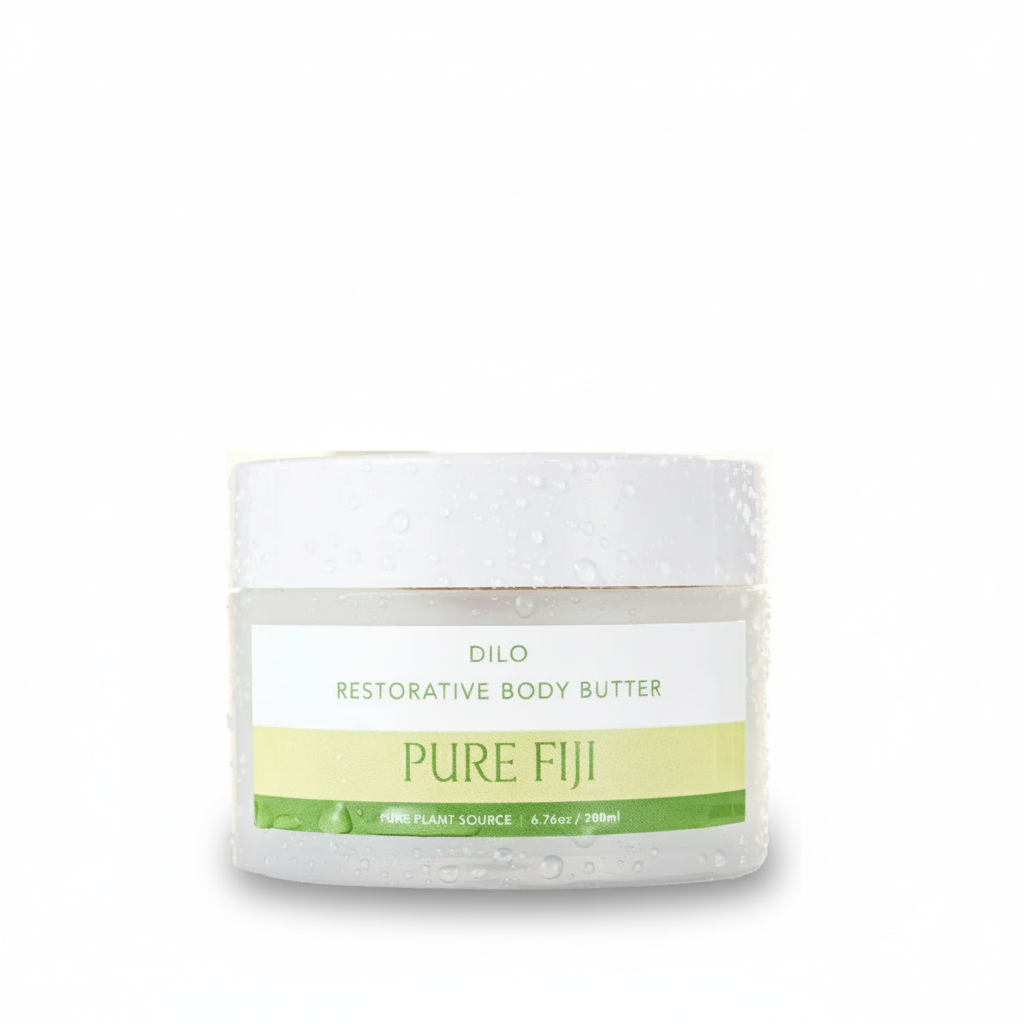 A jar of Dilo Restorative Body Butter by Pure Fiji, designed for moisturizing and healing skin.