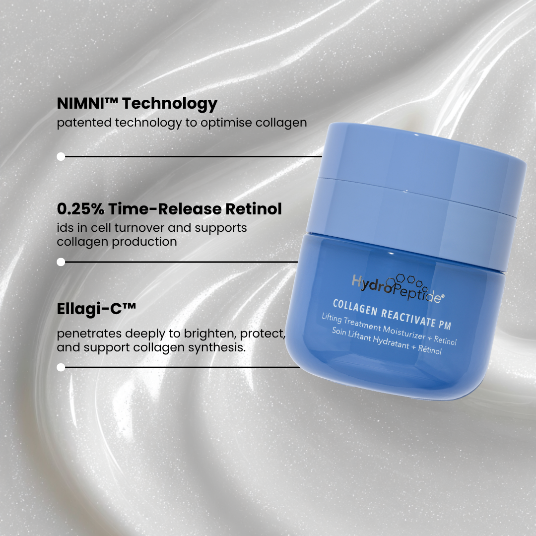 Hydropeptide Collagen Reactivate PM ingredients and technology on a gray background