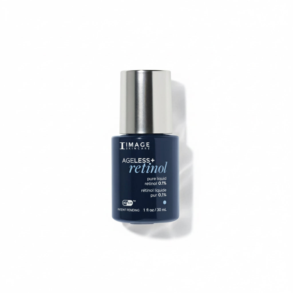 A blue bottle of IMAGE Skincare Ageless+ Retinol 0.1% serum designed for improving the appearance of fine lines, wrinkles, and uneven skin tone.