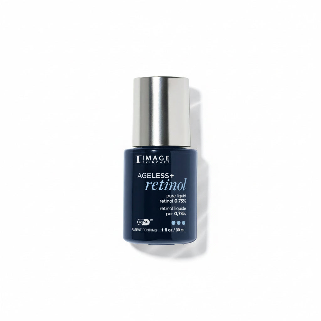 A bottle of IMAGE Skincare's Ageless Retinol 0.75% pure liquid serum against a white background.