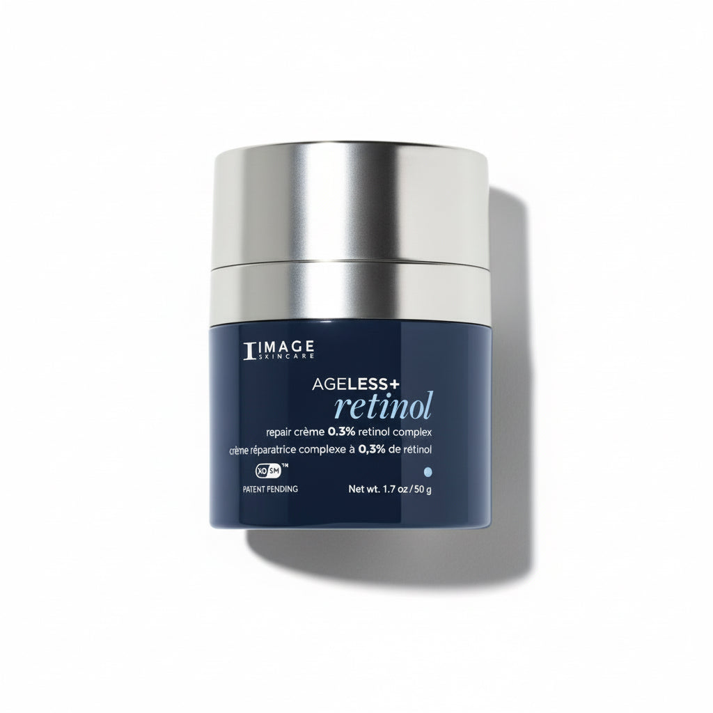 A jar of IMAGE Skincare's Ageless+ Retinol Repair Crème with a blue label, white cap, and the product details printed on the front.