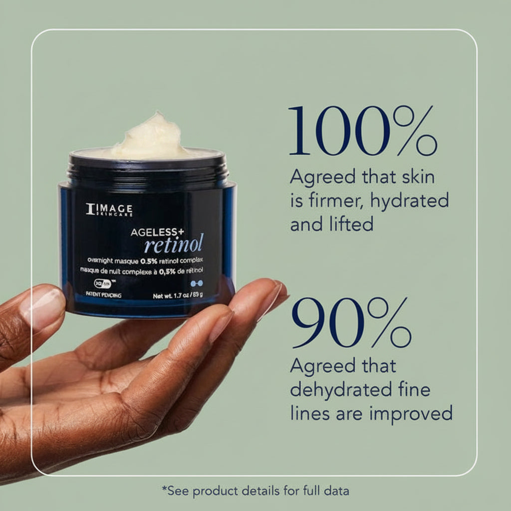 Hand holding a skincare product with text about skin improvement.