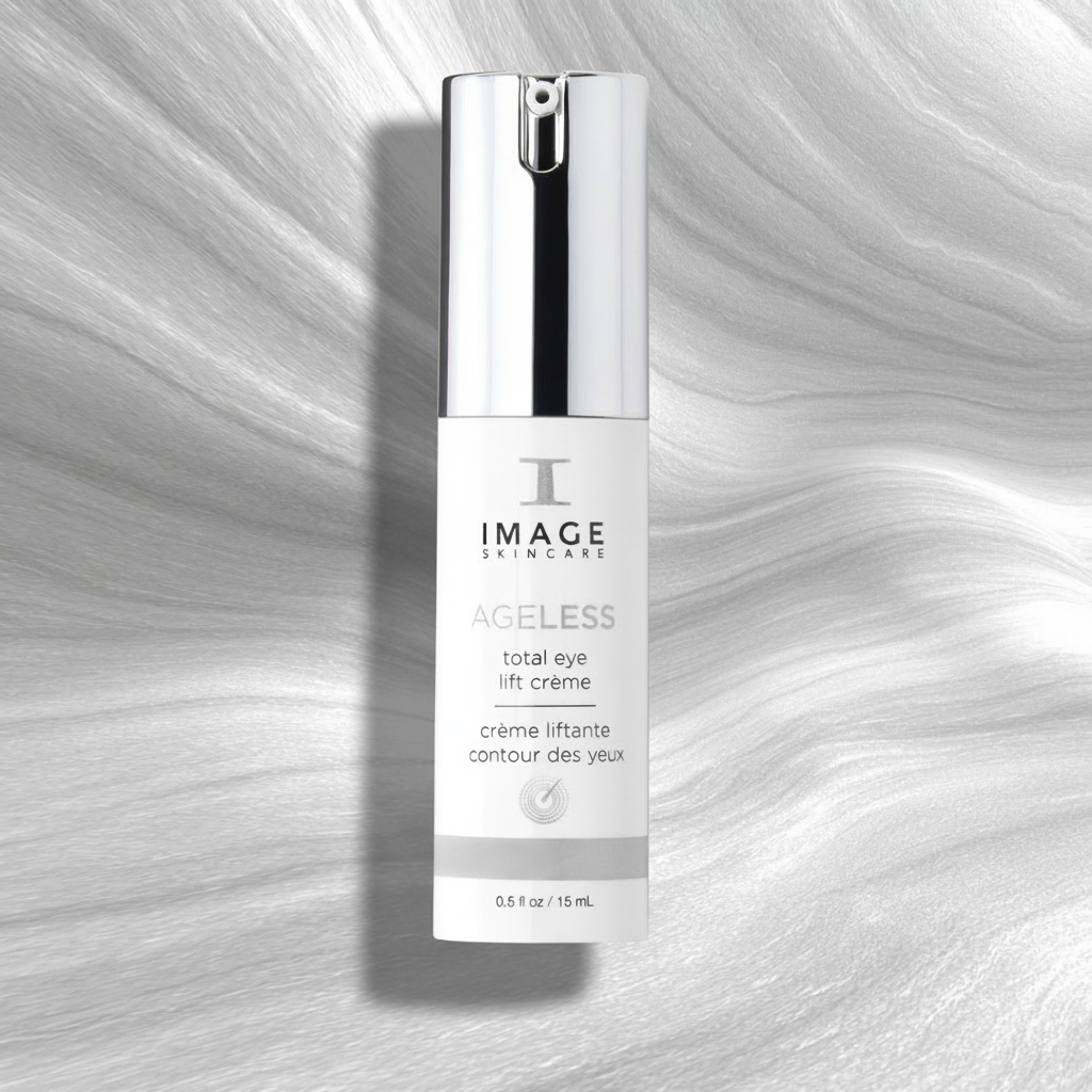 Skincare bottle labeled 'IMAGE Skincare' on a textured gray background
