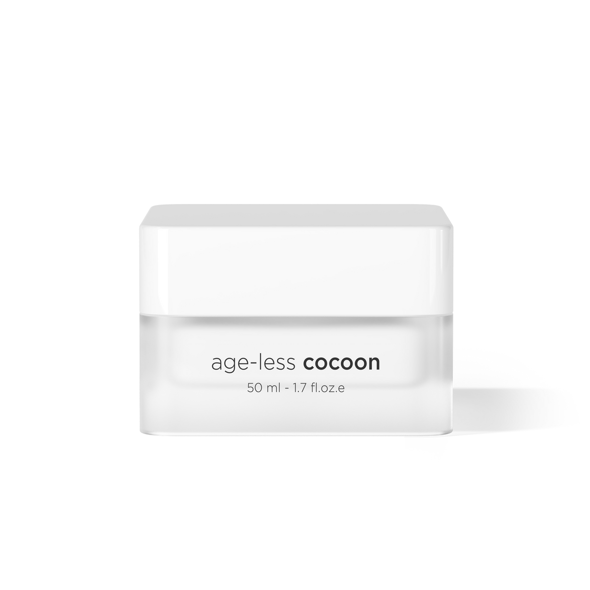 A white cosmetic jar labeled 'age-less cocoon' with '50 ml - 1.7 fl oz e' printed below, centered on a clean white background with a soft shadow.