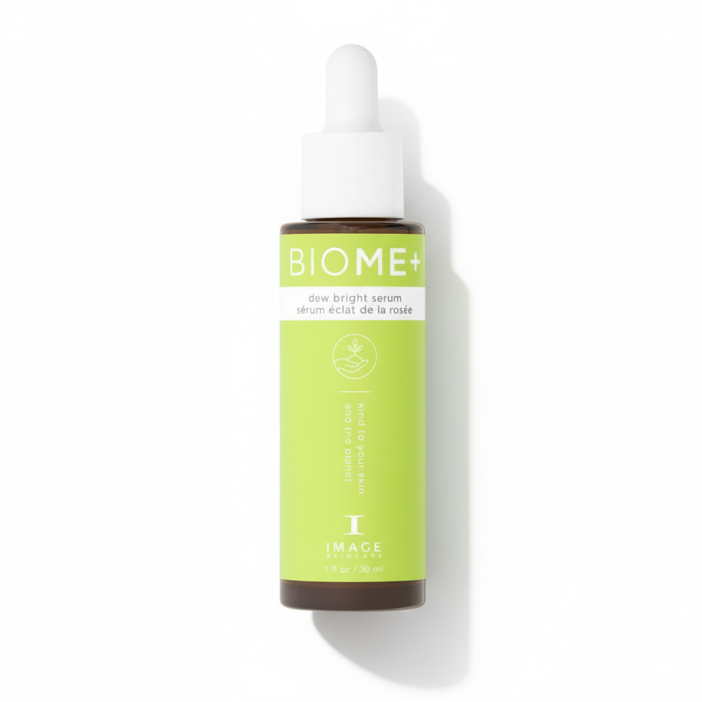 Bottle of BIOME+ serum on a white background