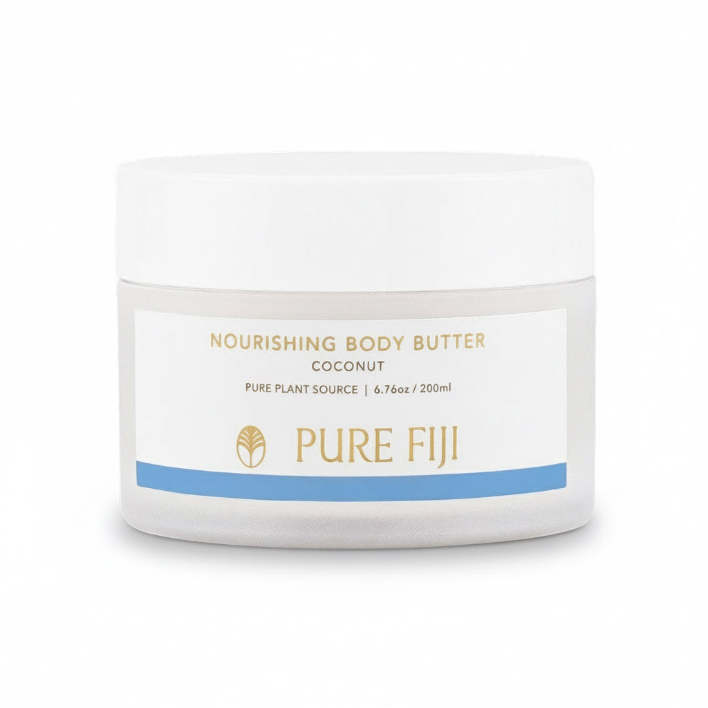 A jar of Pure Fiji Nourishing Body Butter, with the brand name and product name visible on the label.