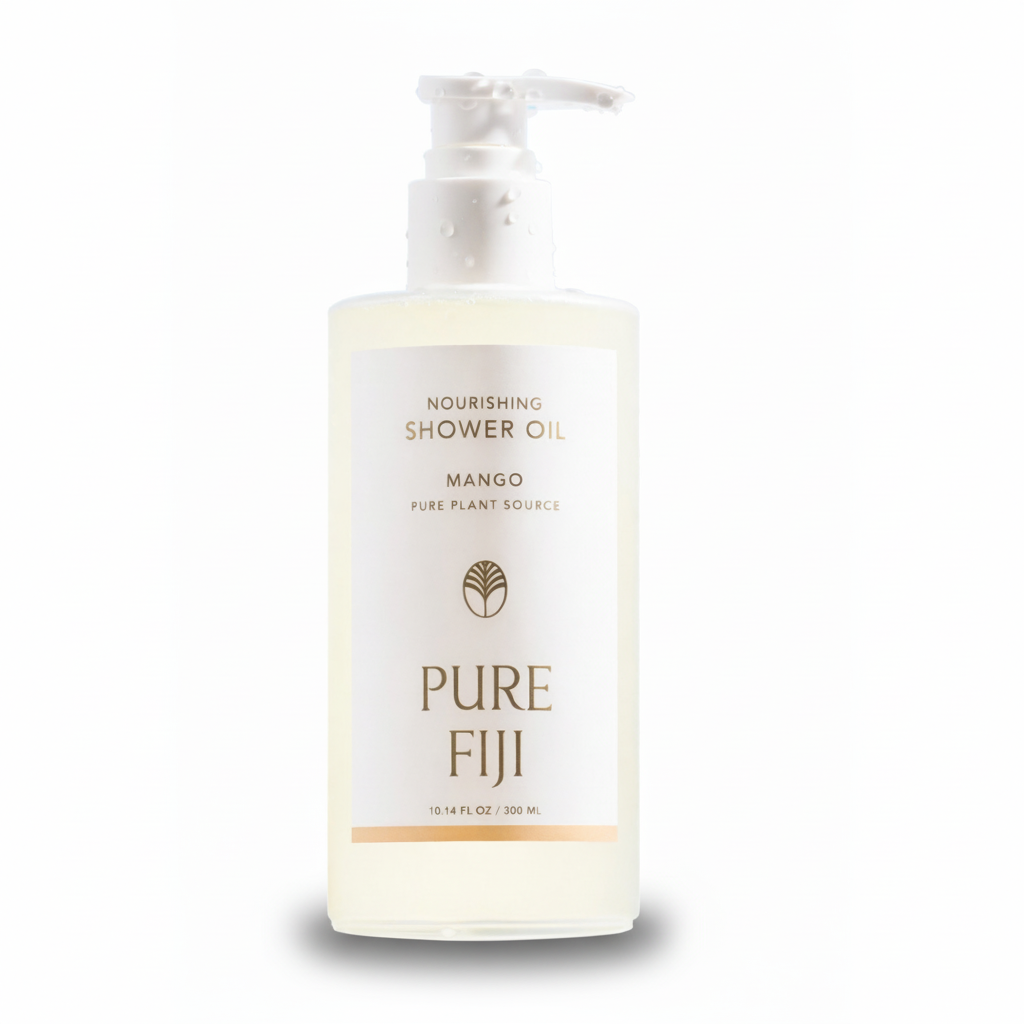 Bottle of Pure Fiji shower oil on a white background