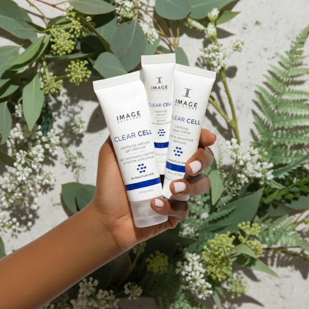 Hand holding three tubes of Image Skincare Clear Cell product on a white background