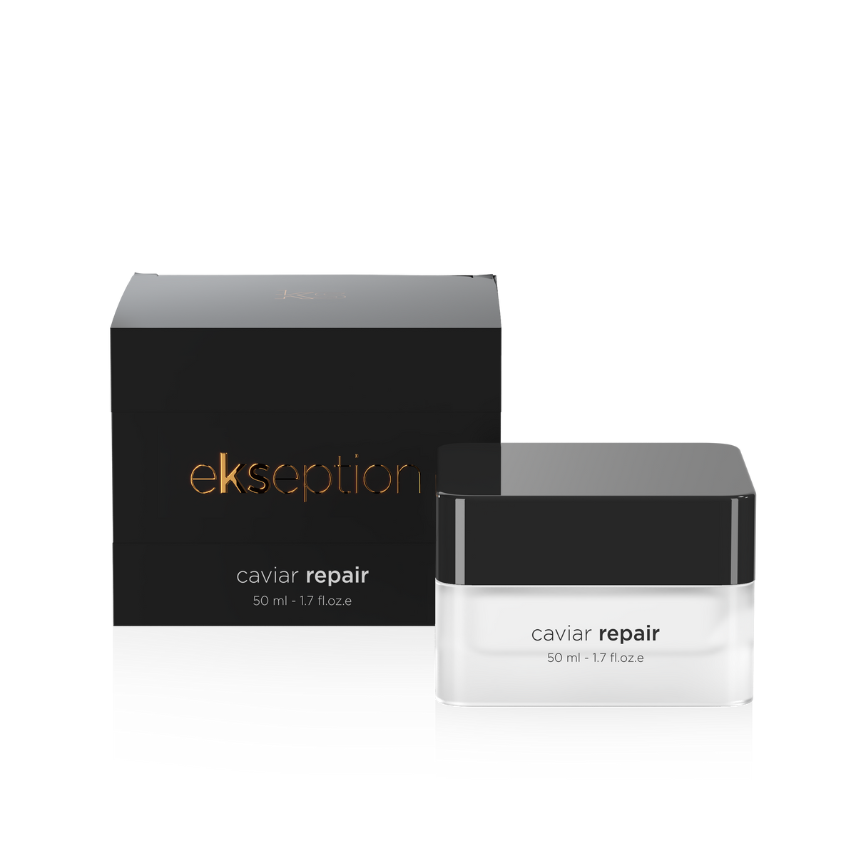 Ekception Caviar Repair skincare cream in a clear jar with a black lid, shown next to its black packaging box on a white background.