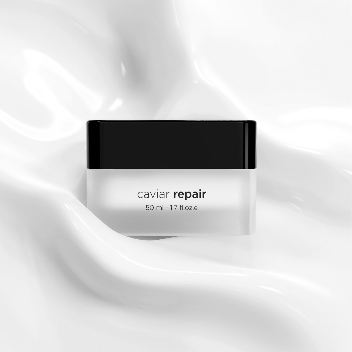 A cosmetic jar labeled 'caviar repair' with a black cap and frosted white body, centered against a flowing white cream or liquid background.