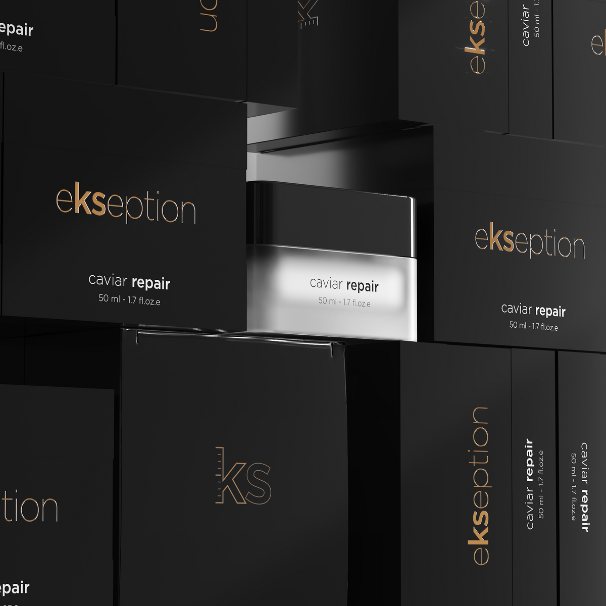 A skincare product jar labeled 'ekseption caviar repair' sits in front of stacked black product boxes with gold and white branding, arranged in a clean studio composition.