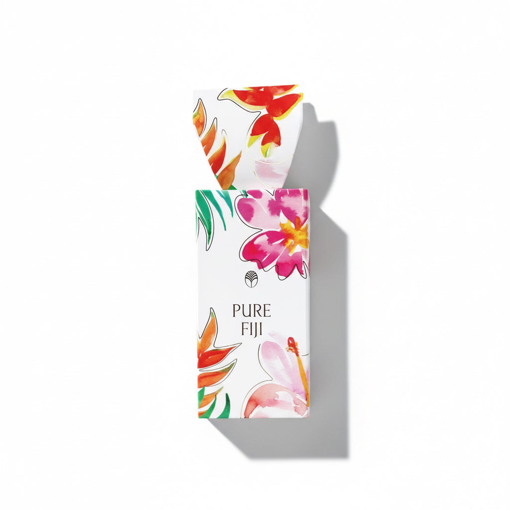 Pure Fiji product packaging with floral design on a white background