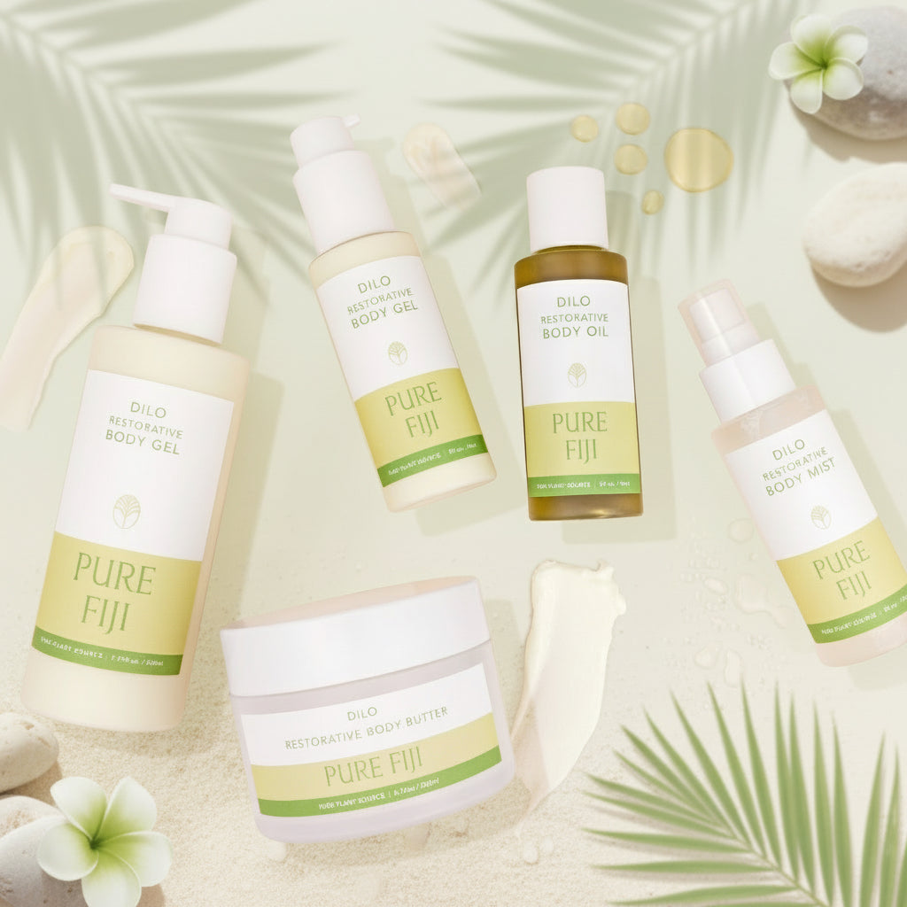 Collection of Pure Fiji skincare products on a beige background