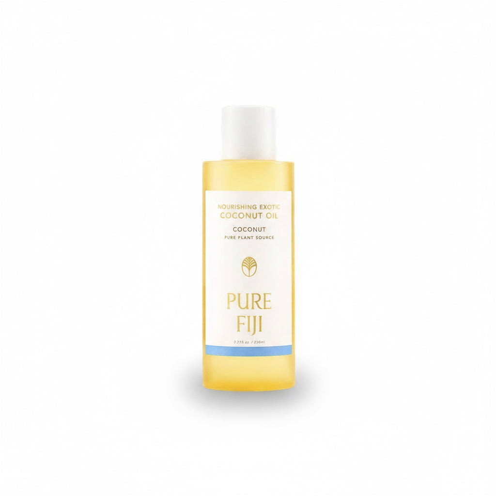 A bottle of Pure Fiji Nourishing Exotic Oil with a white cap and a label that includes the brand name and product name.