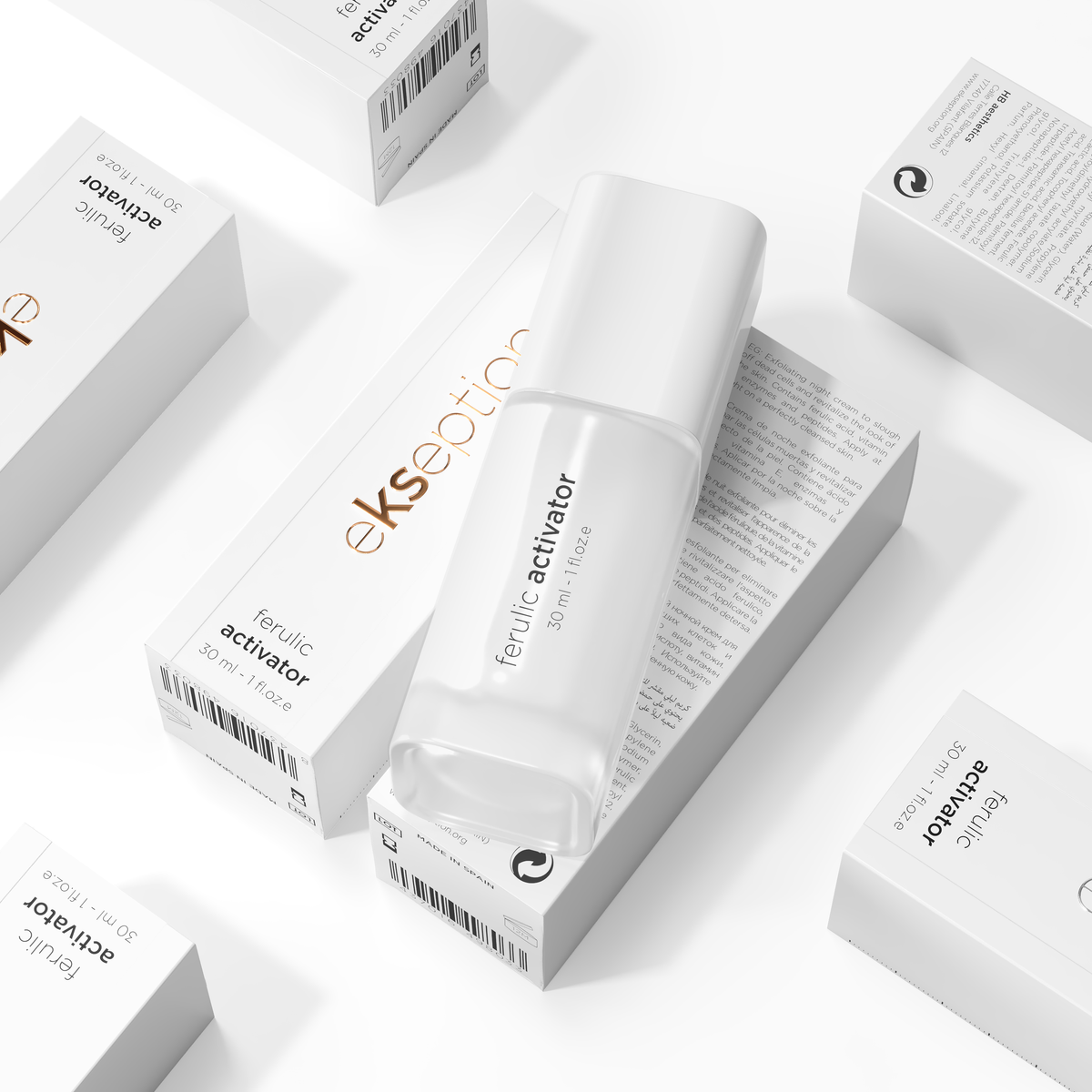 A white skincare bottle labeled 'ekseption ferulic activator' is arranged on top of several matching white product boxes on a clean white background.