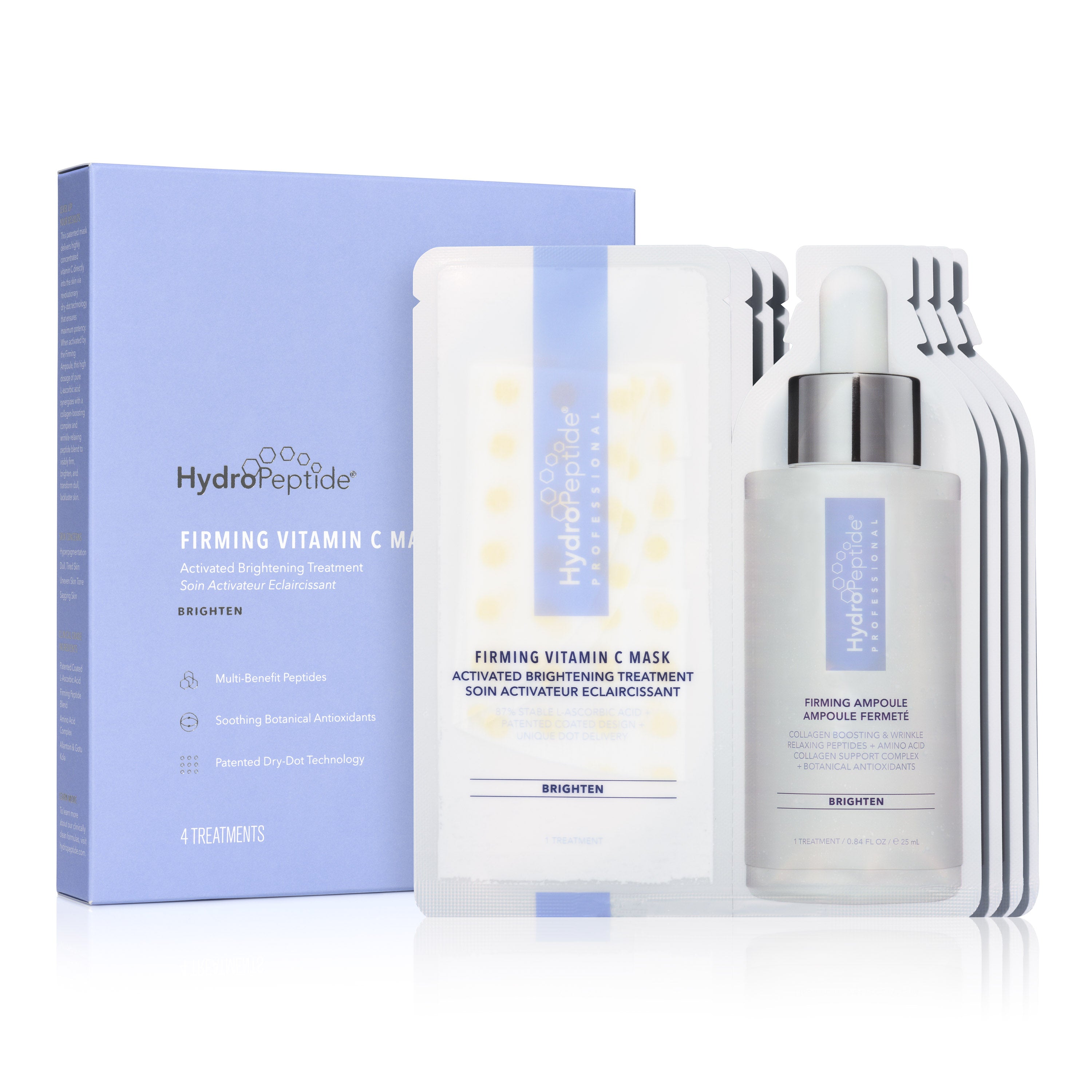 HydroPeptide skincare products including a mask and ampoule on a white background