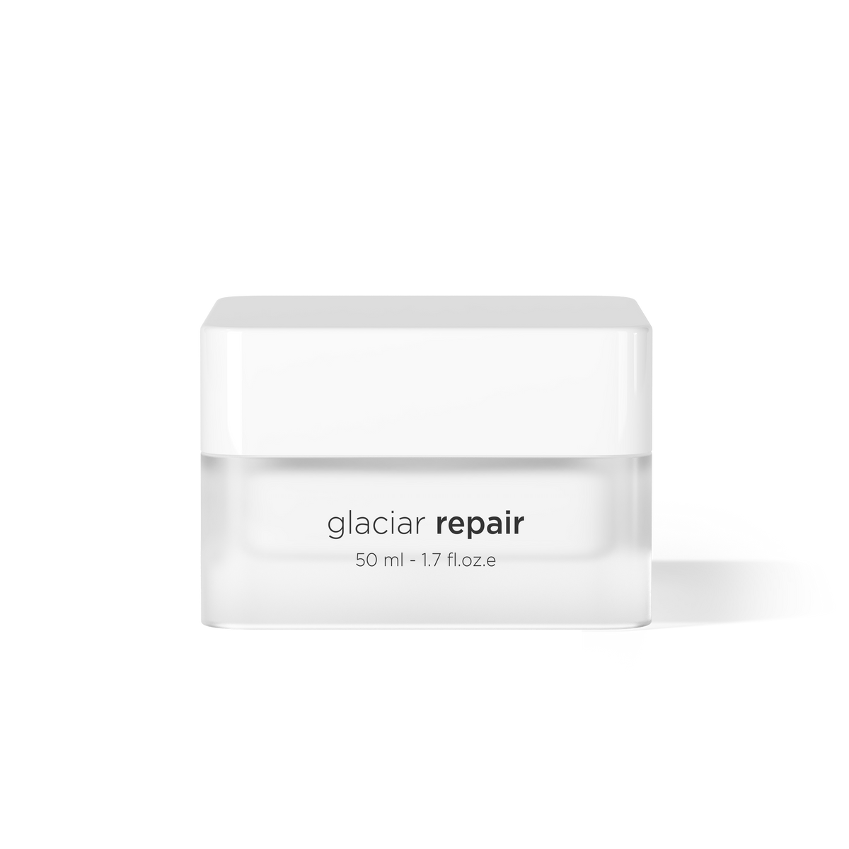 A white cosmetic jar labeled 'glaciar repair' with '50 ml - 1.7 fl oz e' printed below, centered on a clean white background with a soft shadow.