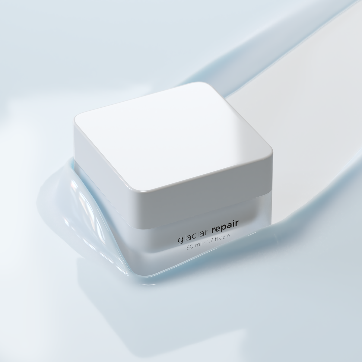 A white cosmetic jar labeled 'glacier repair' on a glossy light blue surface with a soft reflection.