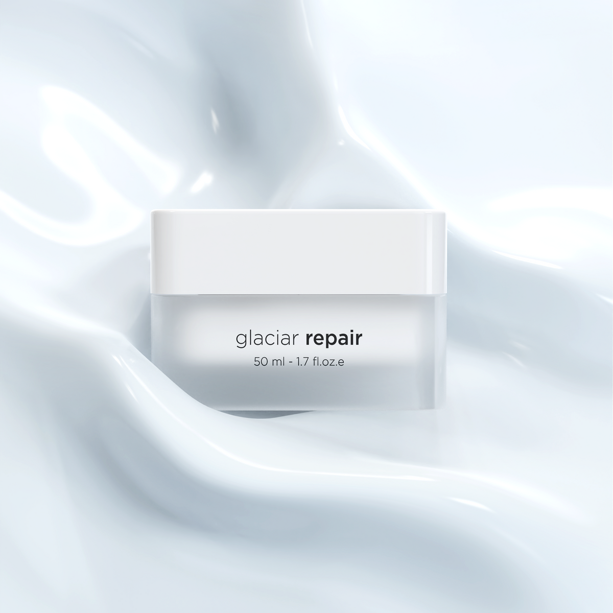 A white cosmetic jar labeled 'glaciar repair' centered on a glossy, flowing white background that resembles cream or milk.