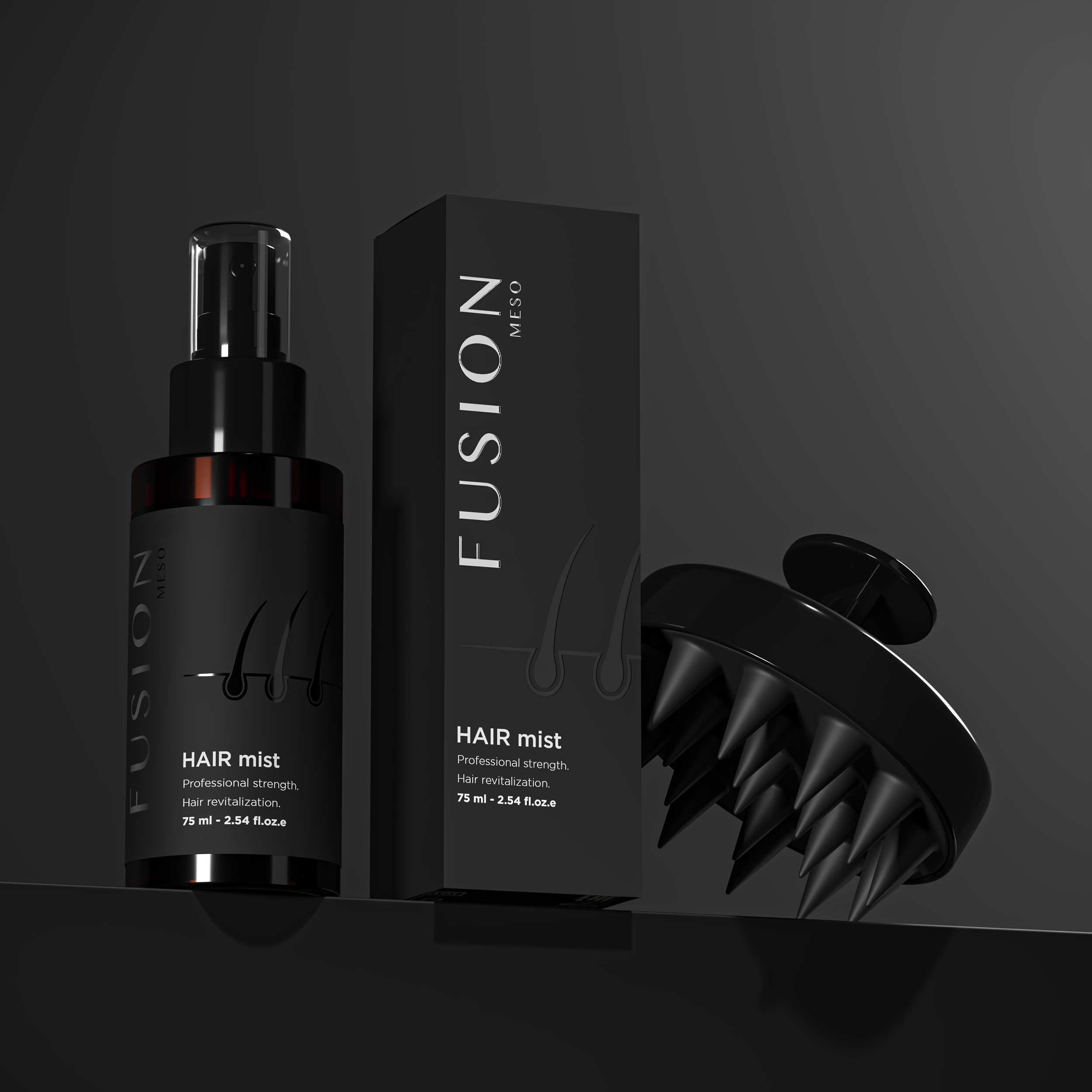 Fusion hair mist bottle and packaging on a dark background