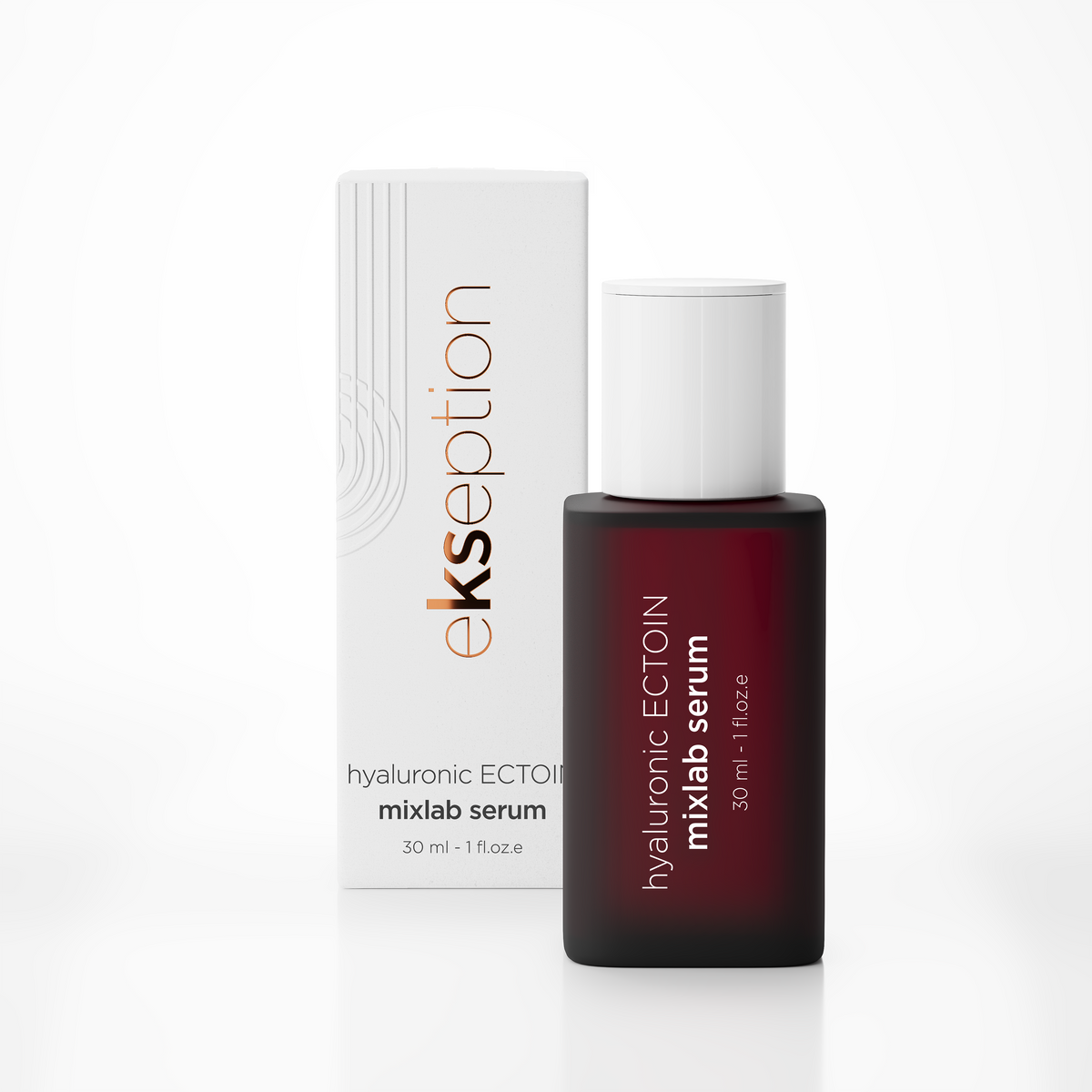A bottle of mixlab serum next to its white packaging box, featuring the brand name 'ekseption' in a metallic copper color. The serum bottle is dark amber glass with a white cap, and the box is white with subtle gray wave patterns.