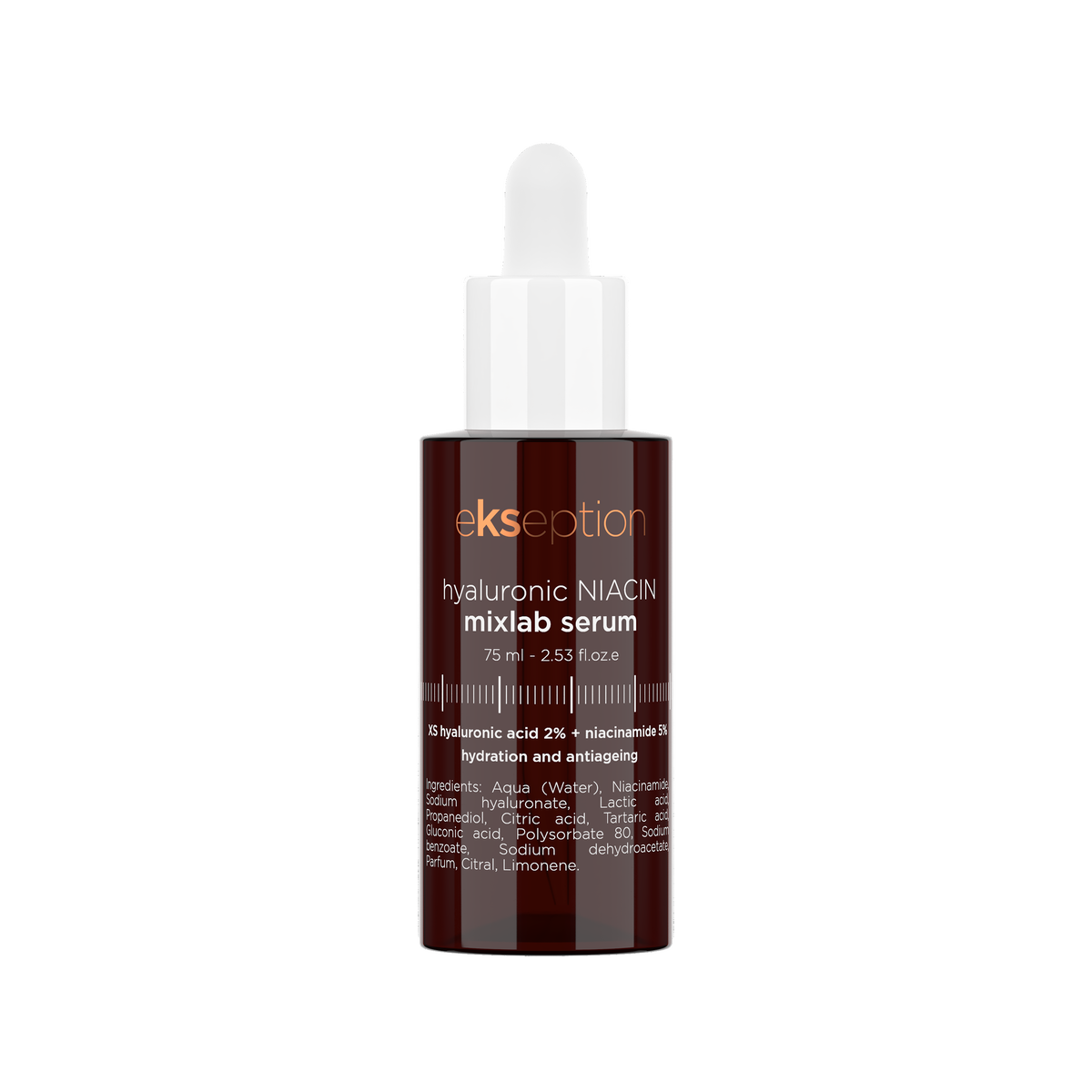 Ekseption Hyaluronic Acid Mixlab Serum in a dark amber glass bottle with a white dropper cap, shown on a plain white background.