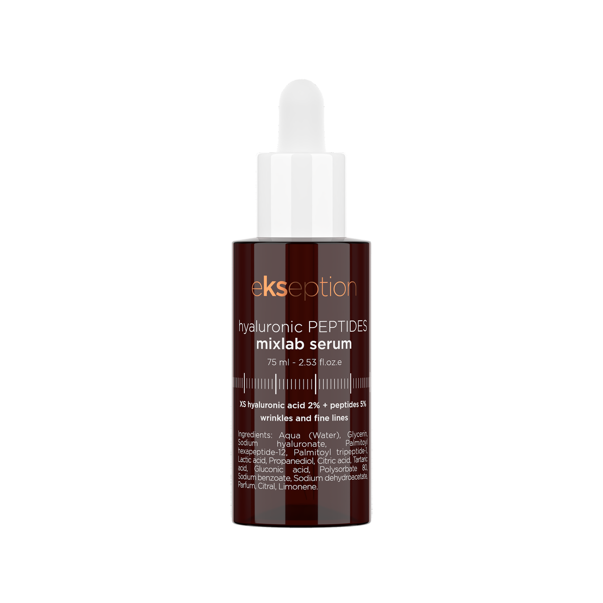 Ekseption Mixlab Serum in a dark amber glass bottle with a white dropper cap, shown on a clean white background.