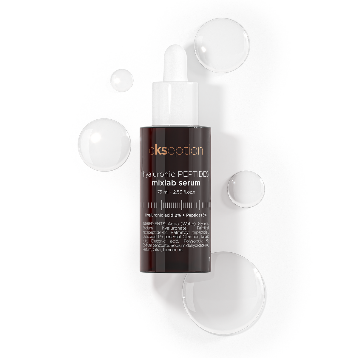 A bottle of Ekseption Peptides Mixlab Serum centered on a white background with decorative clear liquid droplets around it.