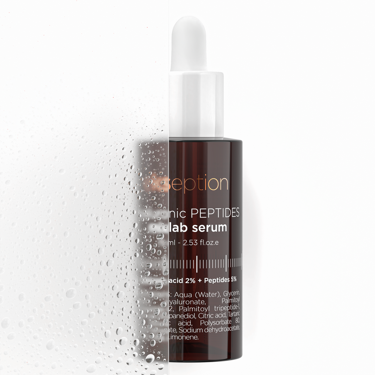 A bottle of Ekseption Lab Serum with a white dropper cap and dark amber-brown bottle, shown against a white background with a water-droplet overlay on the left side.