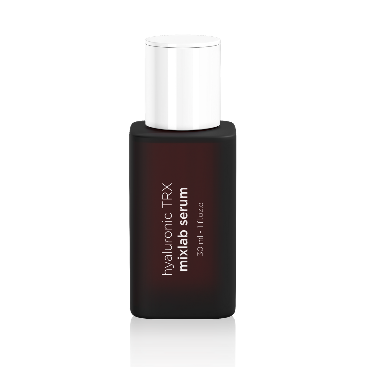 A bottle of hyaluconic TRX mixlab serum with a dark amber-brown glass bottle and a white cap, shown on a clean white background with a soft reflection.