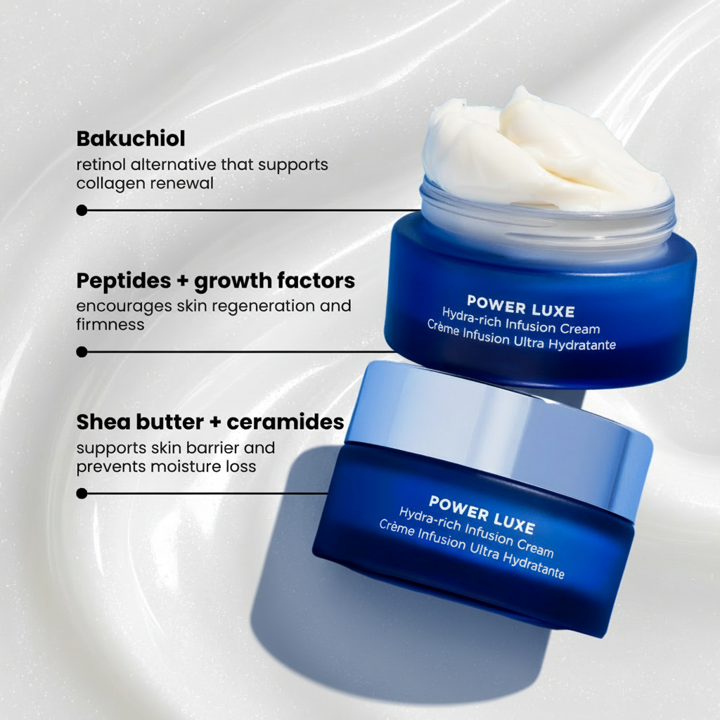 Two blue jars of Power Luxe cream with text about ingredients on a light gray background