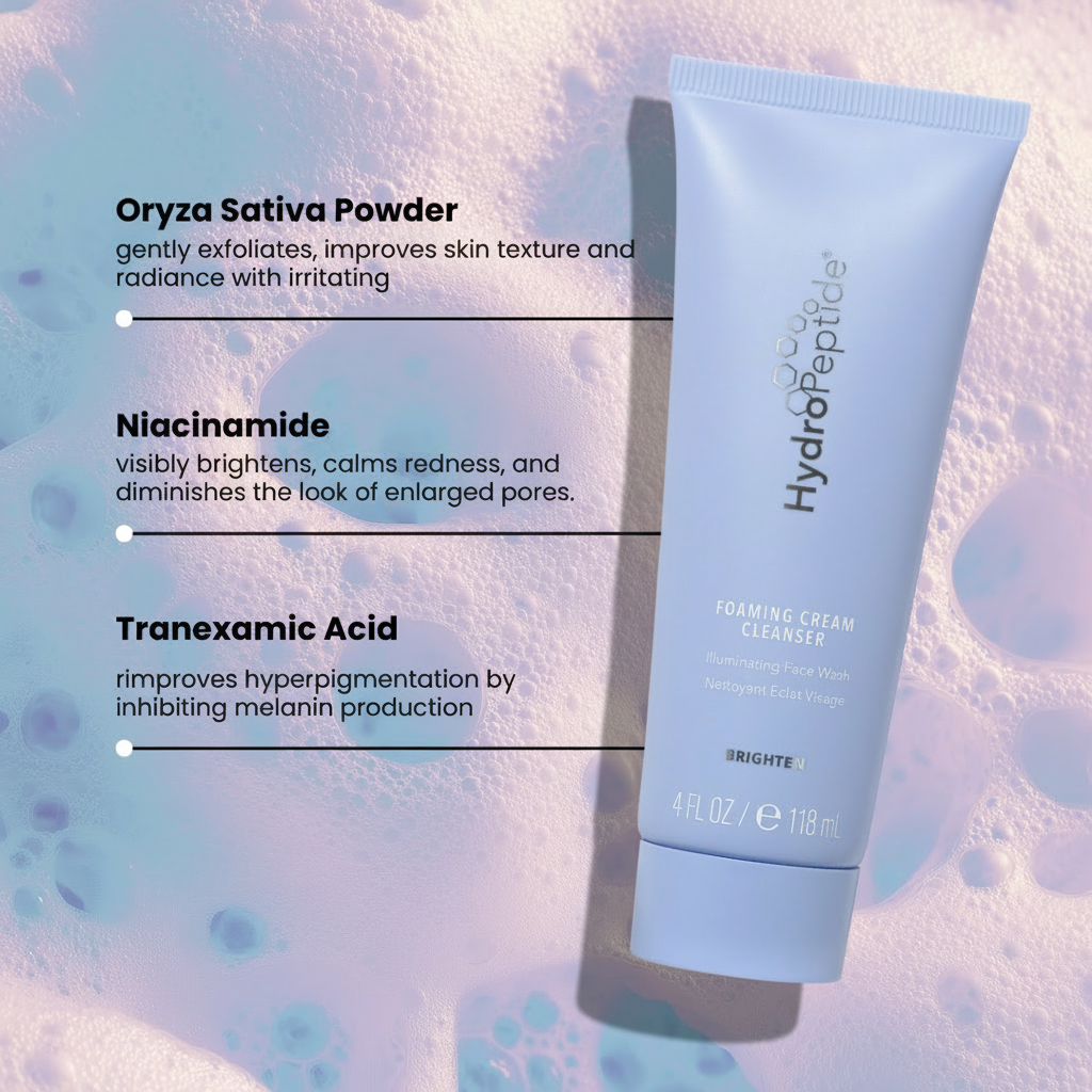HydroPeptide foaming cream cleanser with ingredients listed on a textured background