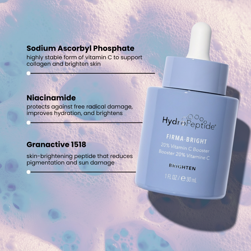 HydratePeptide Firma Bright skincare serum bottle with text on a textured background