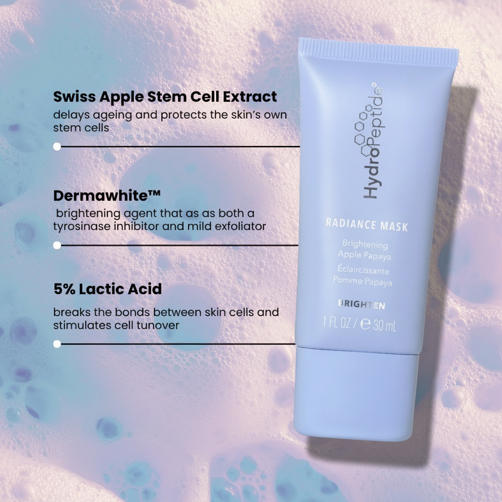 HydroPeptin Radiance Mask with text on a textured background