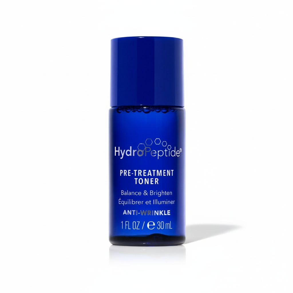 Blue bottle of HydroPeptide pre-treatment toner on a white background