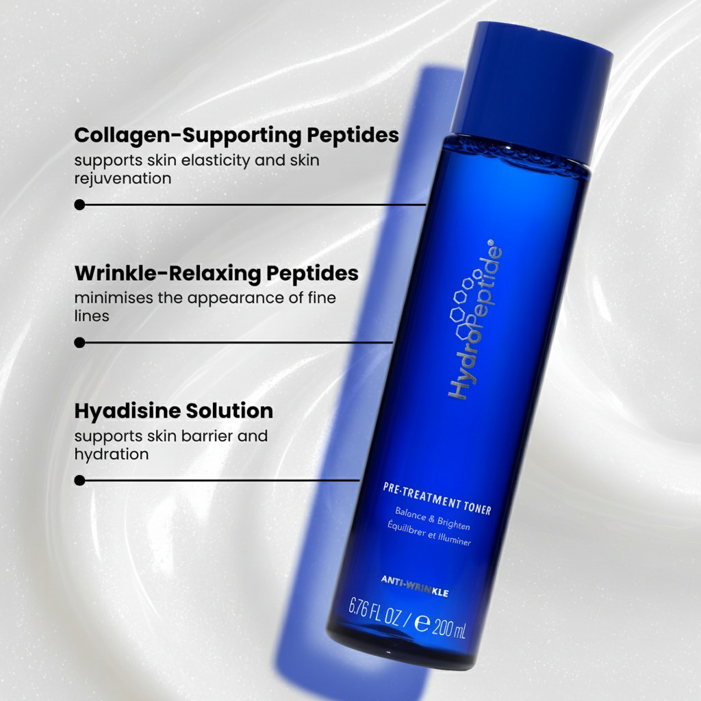 Blue skincare bottle with text about collagen-supporting peptides, wrinkle-relaxing peptides, and hydatisine solution on a white background.