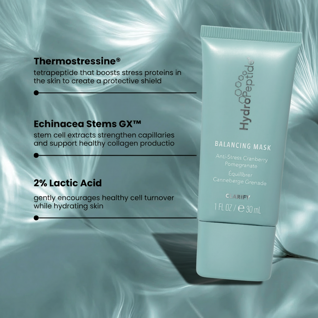 HydroPeptide balancing mask with product details on a textured background