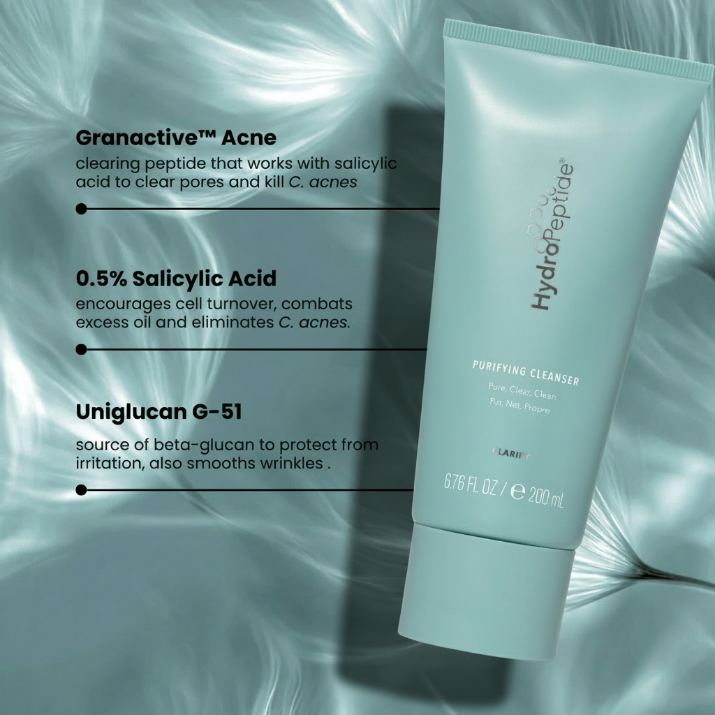 HydroPeptide Purifying Cleanser with text detailing its ingredients on a textured gray background