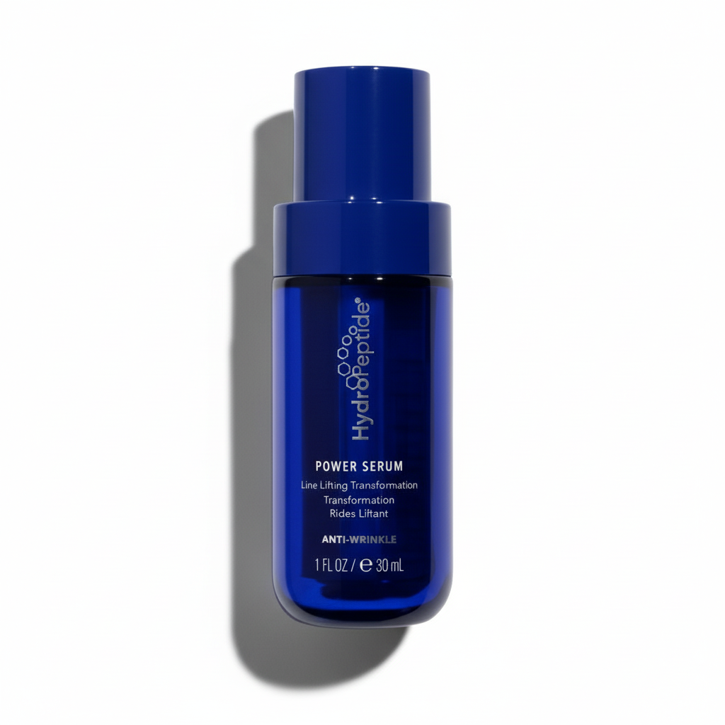 Blue serum bottle with visible branding on a white background