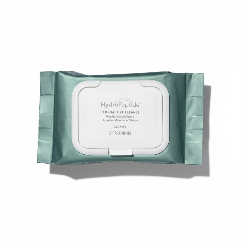 Pack of HydroPeptide Hydroactive Cleanse wipes on a white background