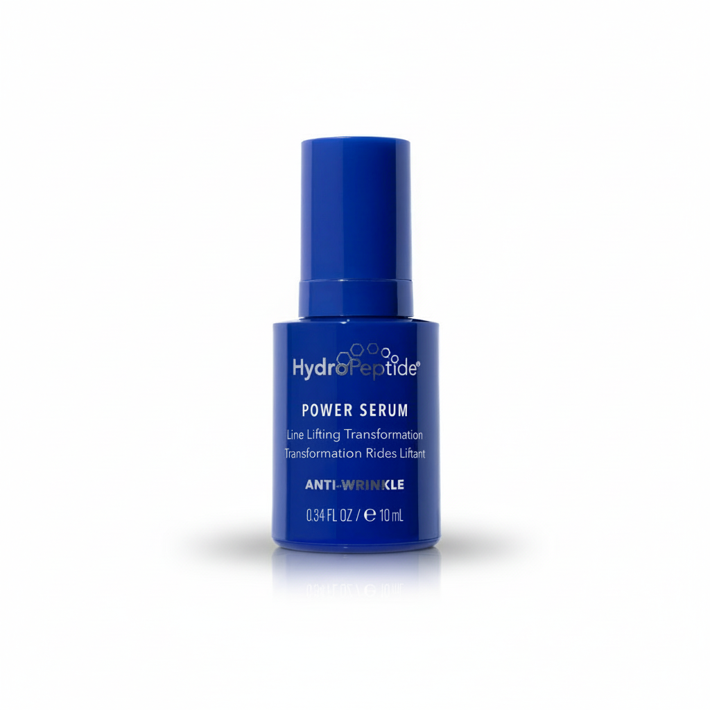 Blue serum bottle labeled 'HydroPeptide' on a white background