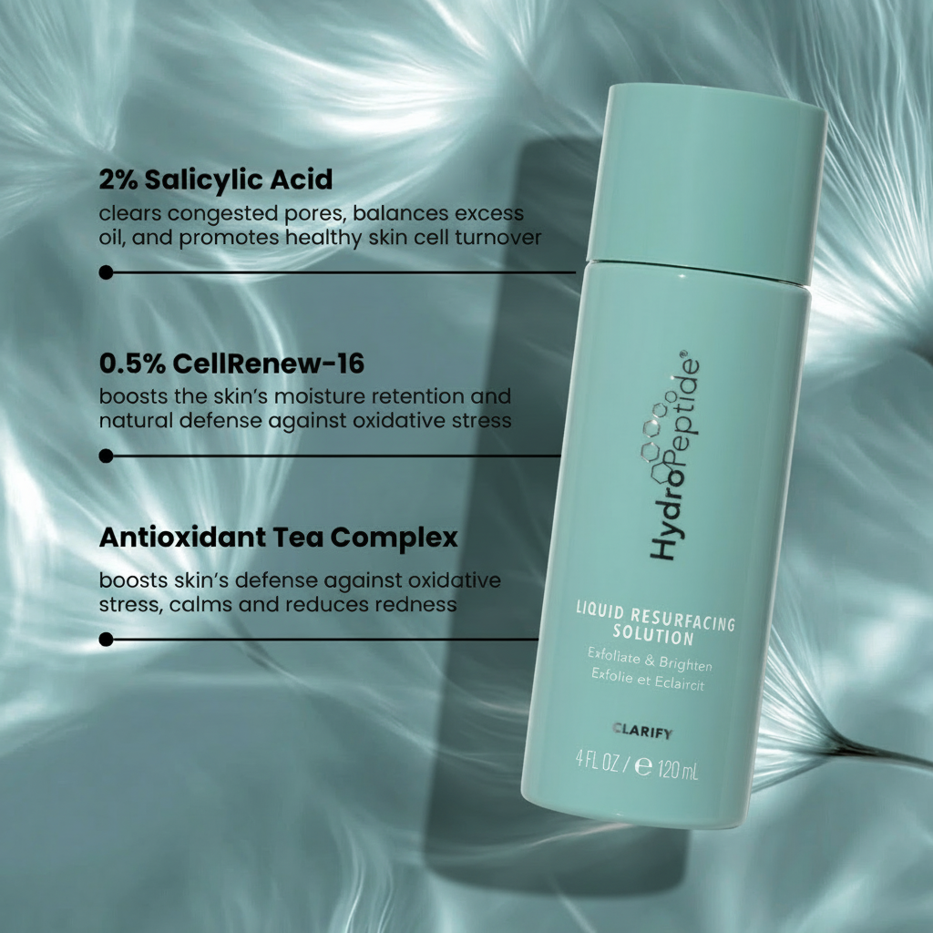HydroPeptide Liquid Resurfacing Solution with product features on a textured background