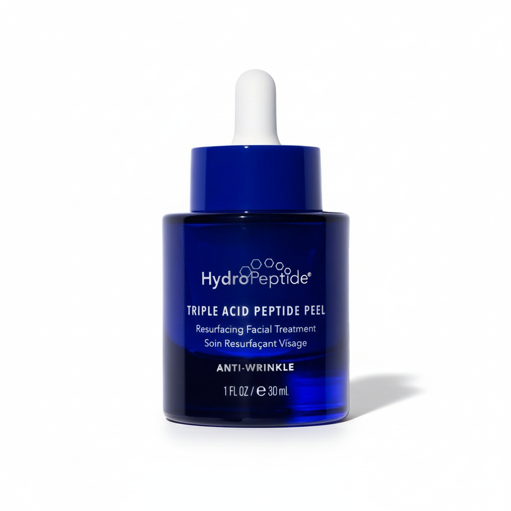 Blue HydroPeptide facial treatment bottle with dropper on a white background