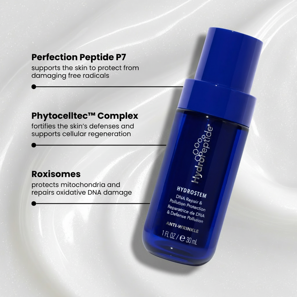 Blue skincare serum bottle with text on a white background