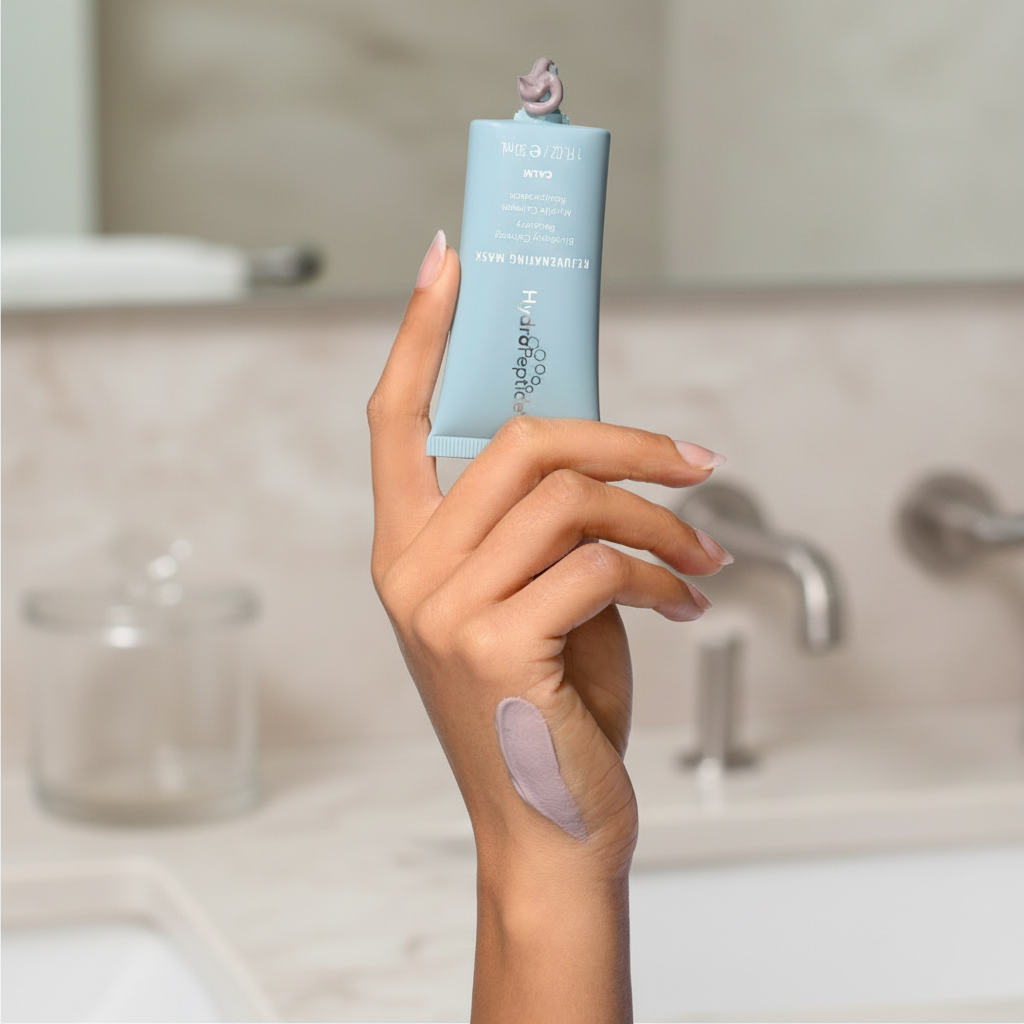 Hand holding a tube of Hydropeptide Rejuvenating Mask skincare product with a gray background