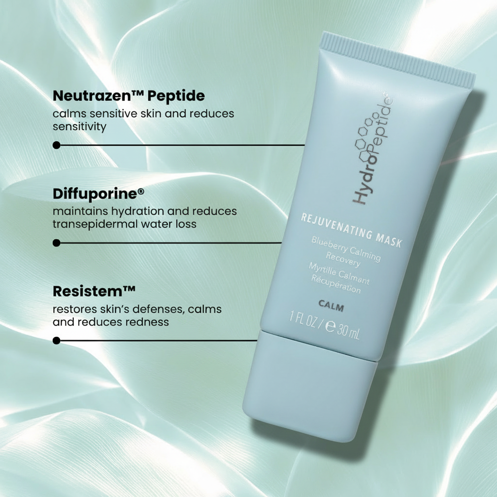 Hydropeptide rejuvenating mask with text on a light green background