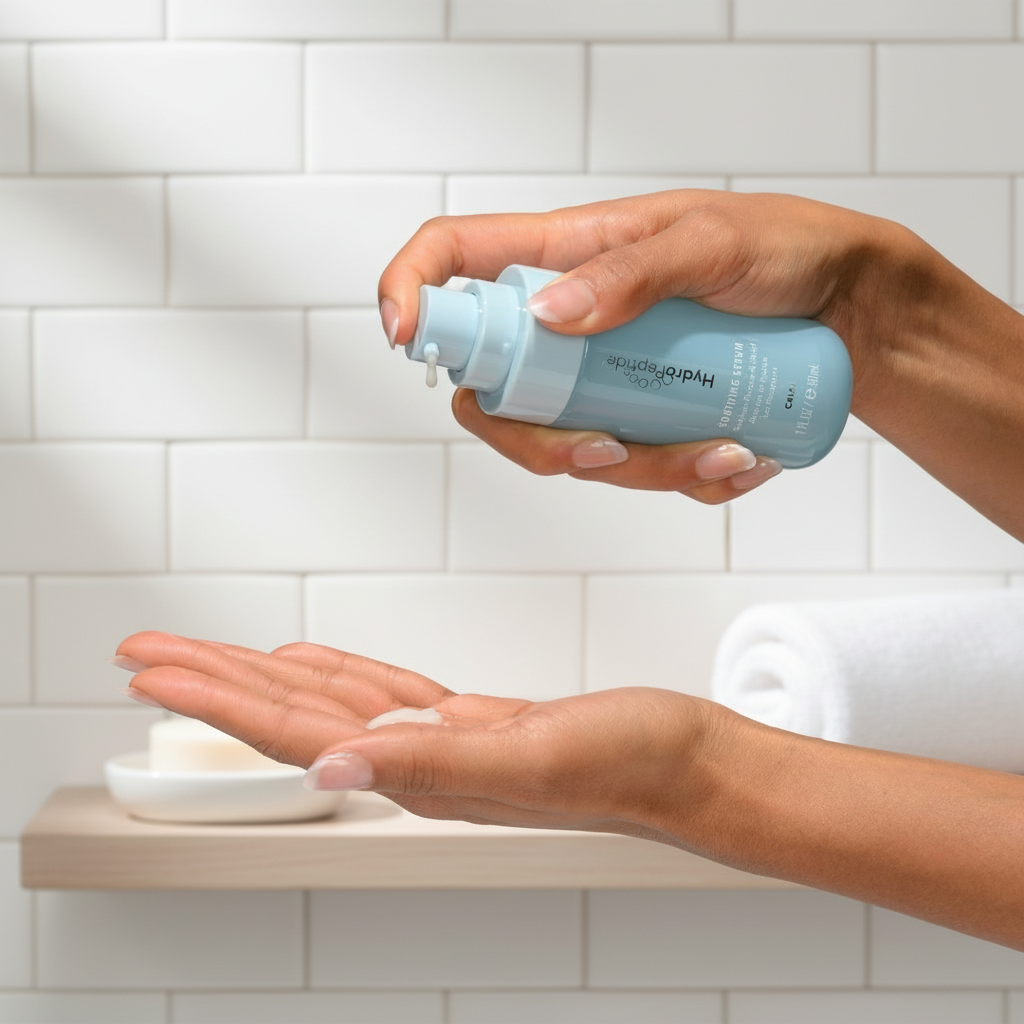 Hand holding a blue bottle of Hydropeptide Serum over another hand with a small amount of serum on the palm.
