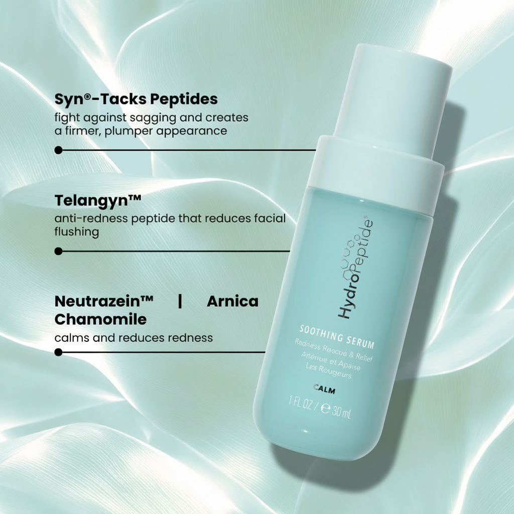 Hydropeptide serum bottle with text detailing ingredients on a light green background