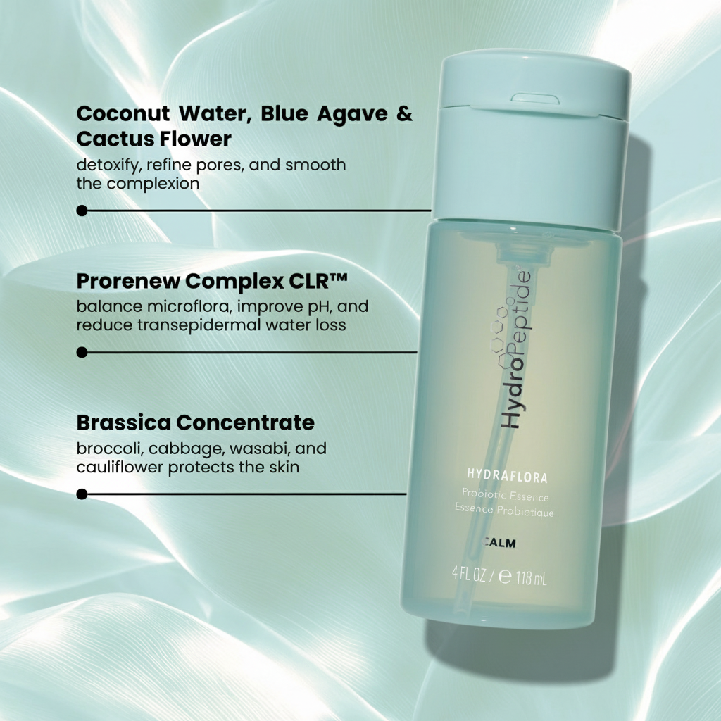 Hydraflora bottle with ingredients listed on a light green background